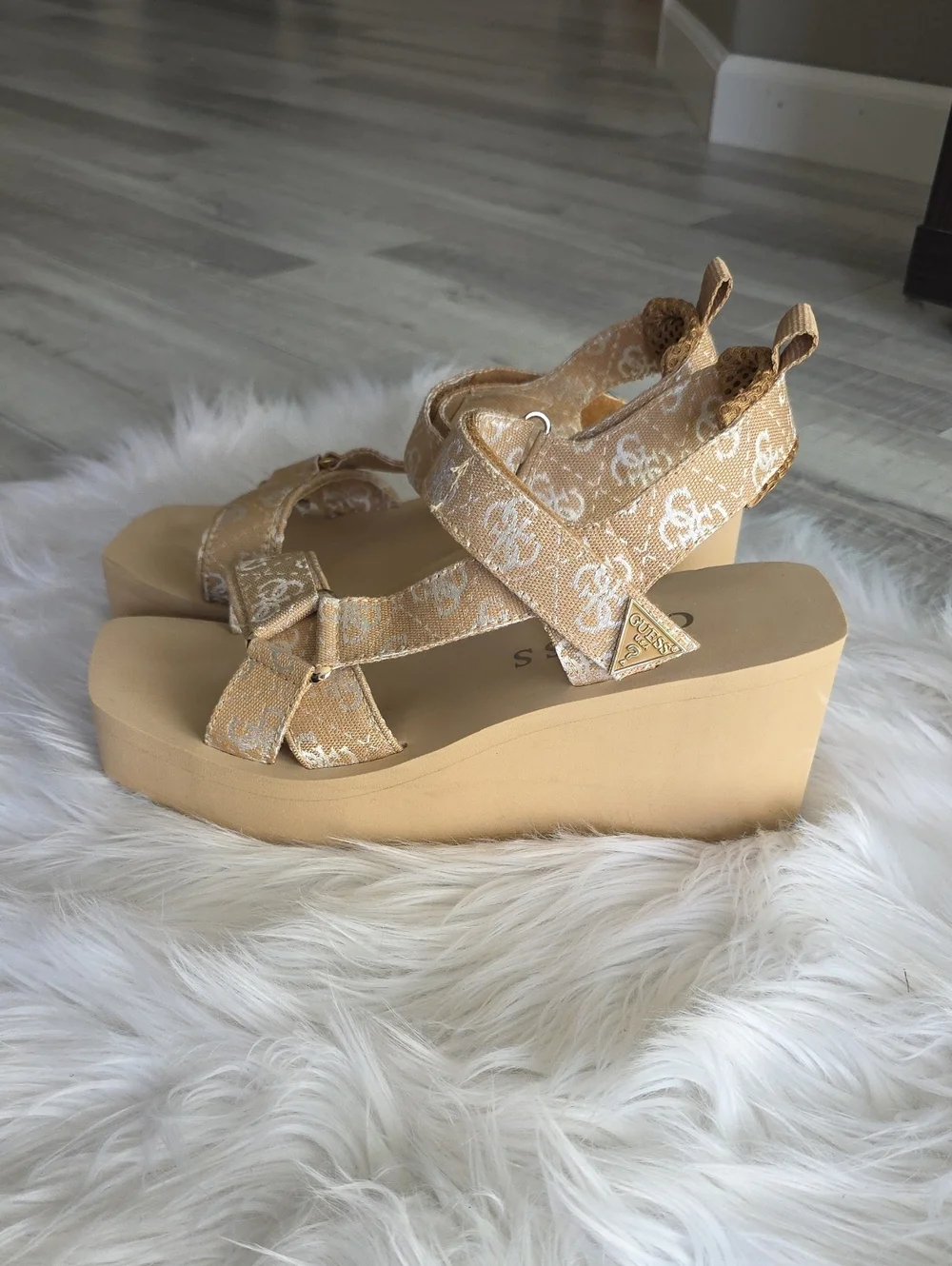 Guess Beige Floral Logo Wedge Sandals